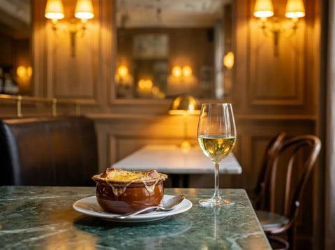 Bol de soupe à l'oignon gratinée au fromage doré posé sur une assiette, avec un verre de vin blanc sec jaune pâle, dans un bistrot chic