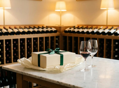 Boîte cadeau crème au ruban vert, papier de soie et deux verres en cristal dont un de vin rouge rubis, dans une boutique de caviste.