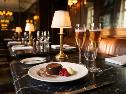 Deux flûtes de champagne rosé cuivré et un fondant au chocolat noir aux framboises, pour un dîner de Saint-Valentin à deux