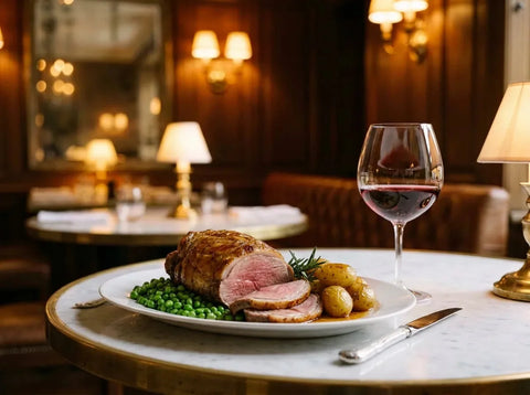 Gigot d'agneau rôti tranché, petits pois et pommes de terre nouvelles sur un plat blanc pour Pâques, avec un verre de vin rouge rubis