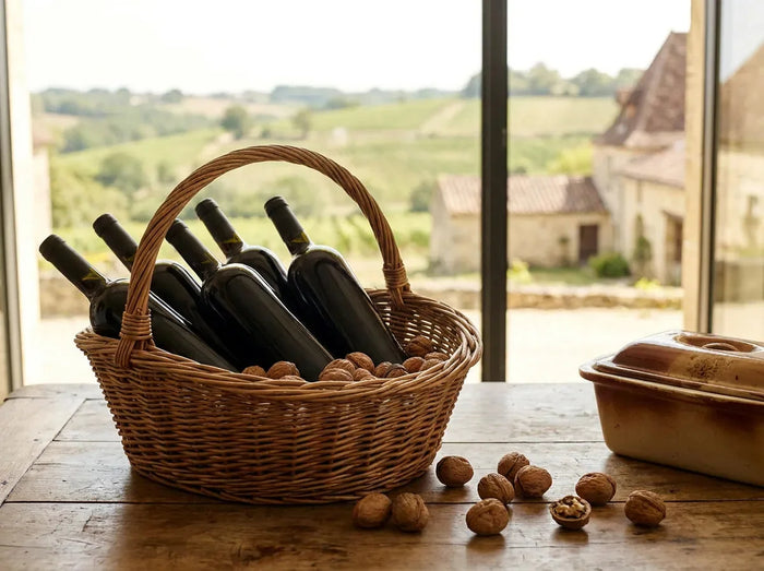 Panier en osier garni de bouteilles de vin et de noix, terrine rustique et paysage du Périgord en arrière-plan