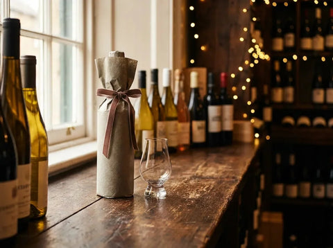 Bouteille de whisky emballée dans un papier cadeau noué d'un ruban avec un verre de dégustation sur le comptoir d'une cave