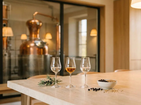 Salle de dégustation d'une distillerie française moderne : un gin, un whisky doré et une vodka sur pierre claire, alambic en cuivre au fond.