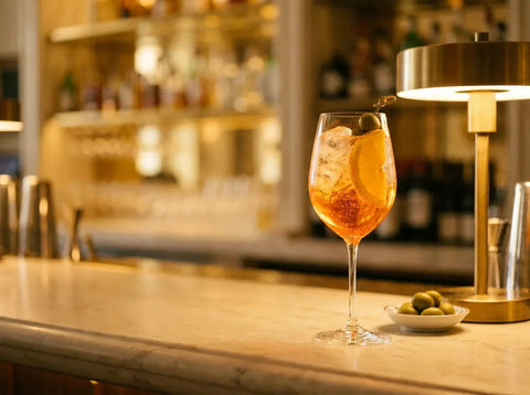 Spritz vénitien orange vif dans un grand verre à vin plein de glace, tranche d'orange et olive verte, sur un comptoir de bar en marbre clair.