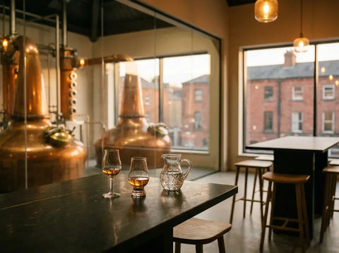 Verre tulipe de whiskey irlandais doré et carafe d'eau, alambics en cuivre derrière une vitre et façades de briques de Dublin au loin.