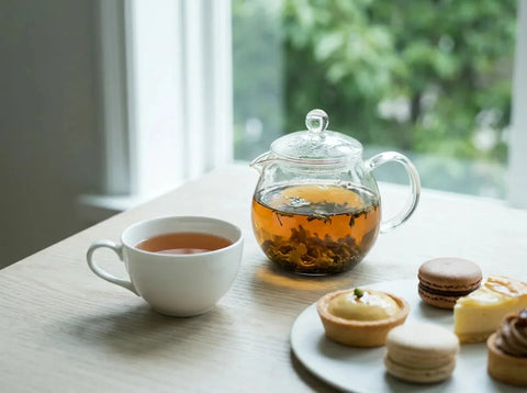 Théière en verre et tasse en porcelaine de thé ambré aux feuilles entières, pâtisseries fines sur table claire