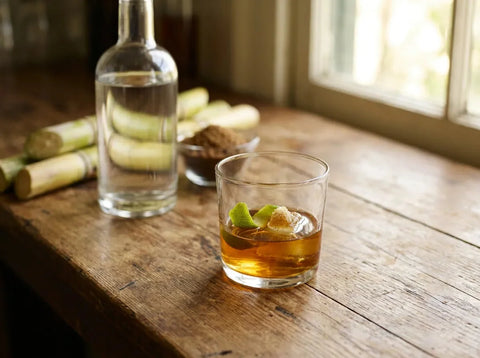 Ti-punch antillais dans un petit verre épais, zeste de citron vert, sucre de canne et rhum agricole blanc sur comptoir en bois