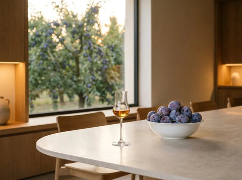 Verre tulipe d'eau-de-vie de prune ambrée et coupe de prunes mûres, avec un verger de pruniers chargé de fruits par la fenêtre.