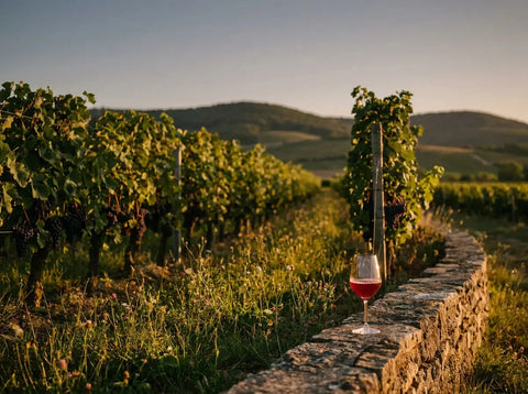 Vignoble bio au couchant, herbes et fleurs sauvages entre les rangs, grappes mûres et verre de vin nature rouge rubis sur un muret.