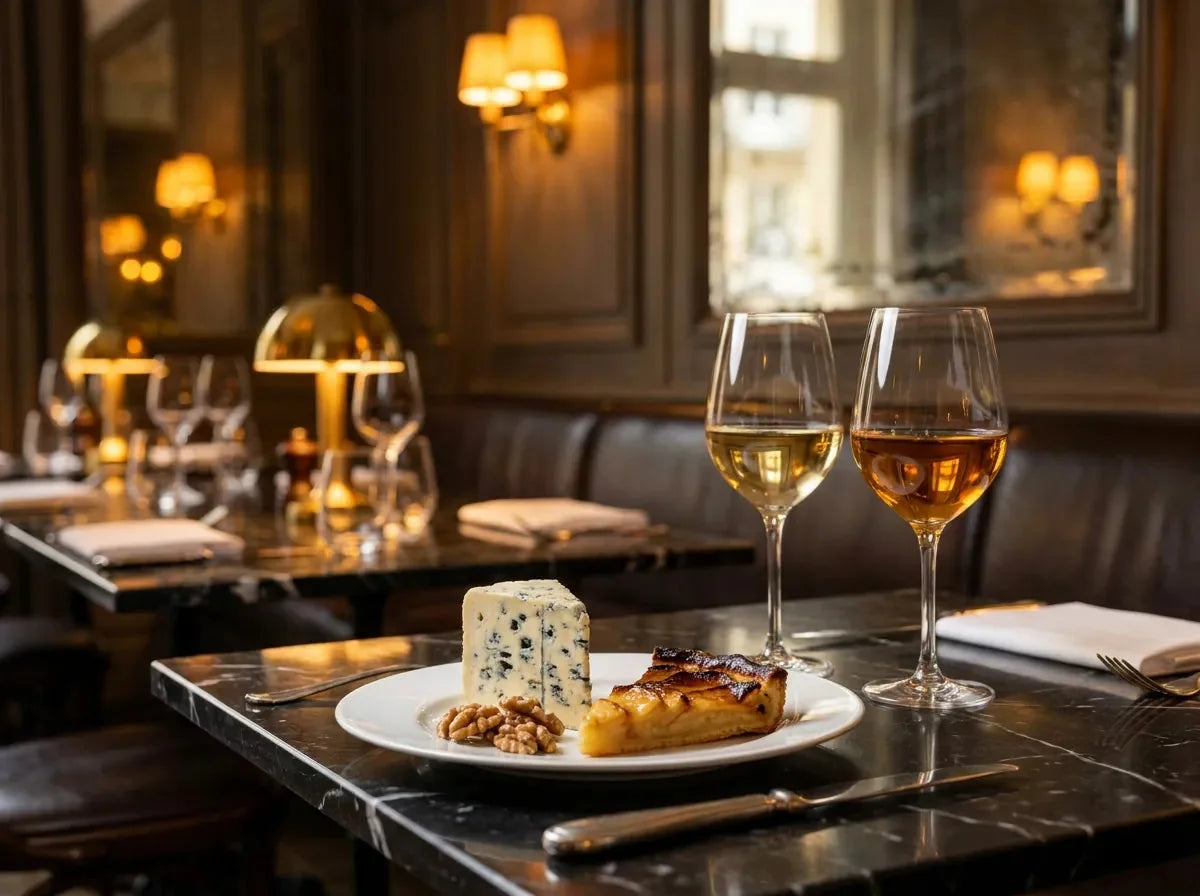 Deux verres de vin blanc doux, l'un or pâle et l'autre ambré, à côté d'une part de roquefort, d'une tarte aux pommes et de noix, dans un bistrot chic