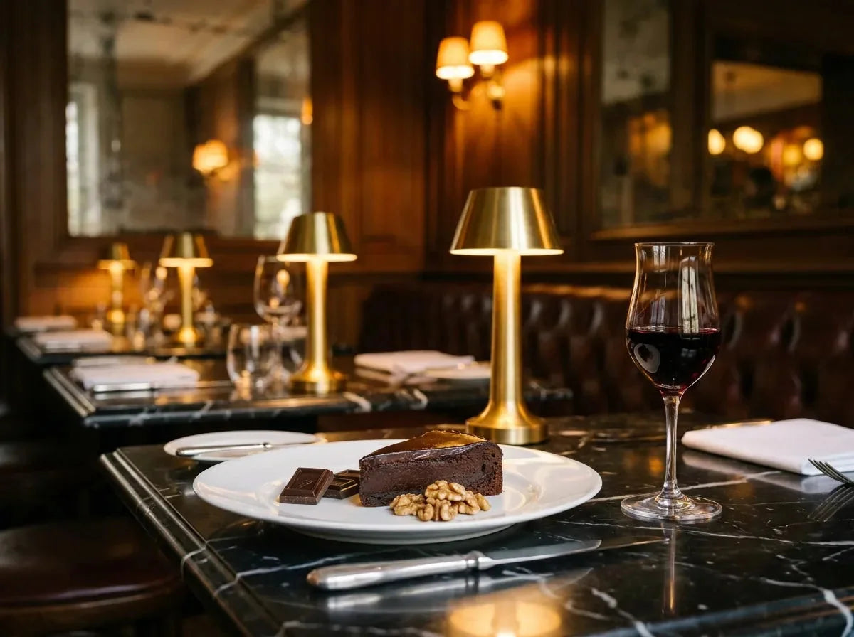 Un petit verre de vin doux naturel rouge grenat à côté d'une part de fondant au chocolat noir, de carrés de chocolat et de noix, dans un bistrot chic