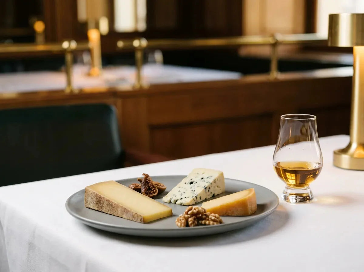 Assiette de fromages affinés, comté, bleu et gouda vieux avec figues sèches et noix, accompagnée d'un verre tulipe de whisky doré.