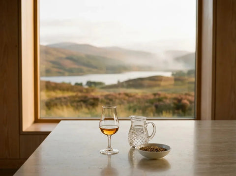 Verre tulipe de whisky ambré, carafe d'eau et orge maltée, avec un loch et des collines de bruyère des Highlands par la fenêtre.