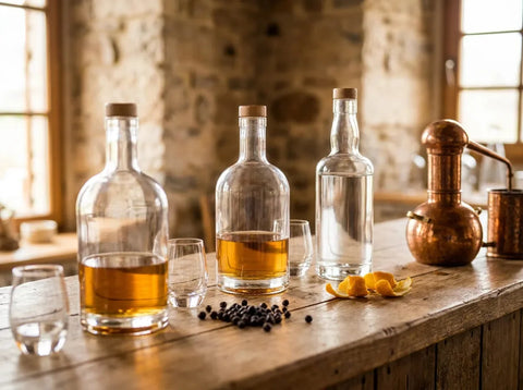 Plusieurs verres de whisky aux teintes ambrées différentes avec grains d'orge et douelles de chêne