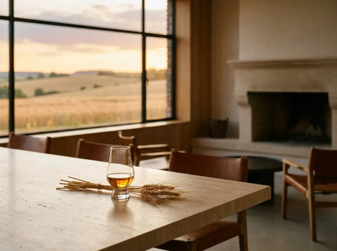 Verre tulipe de single malt lorrain doré et bouquet d'orge mûre, avec les champs d'orge du plateau lorrain au moment de la moisson.