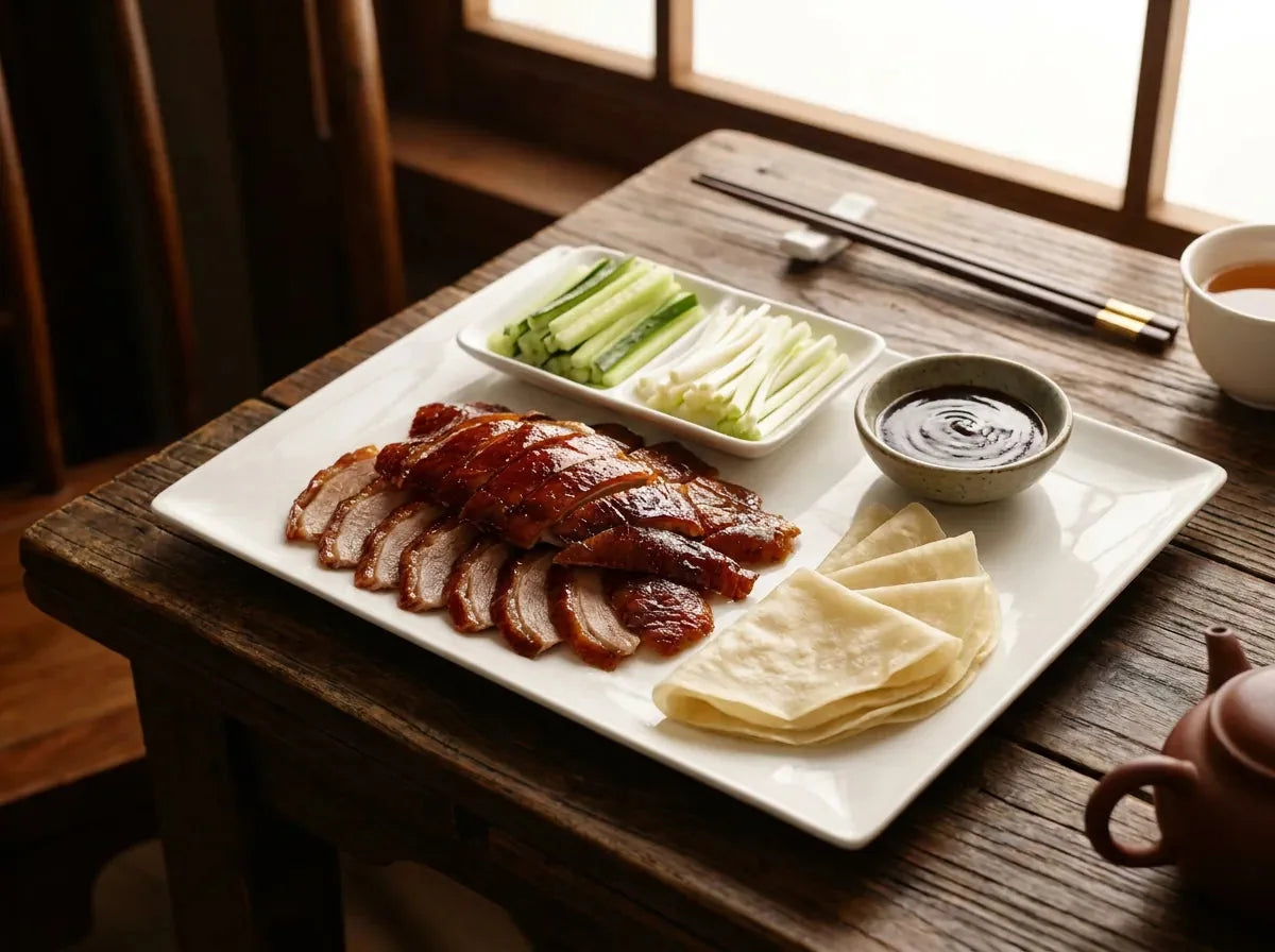 Canard laqué de Pékin découpé, peau d’acajou brillante et croustillante, servi avec crêpes mandarin, bâtonnets de concombre, cébette et sauce hoisin