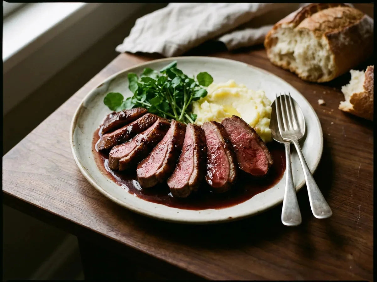 Caneton à la rouennaise : fines tranches de magret saignant nappées d’une sauce rouennaise au vin rouge brillante et profonde