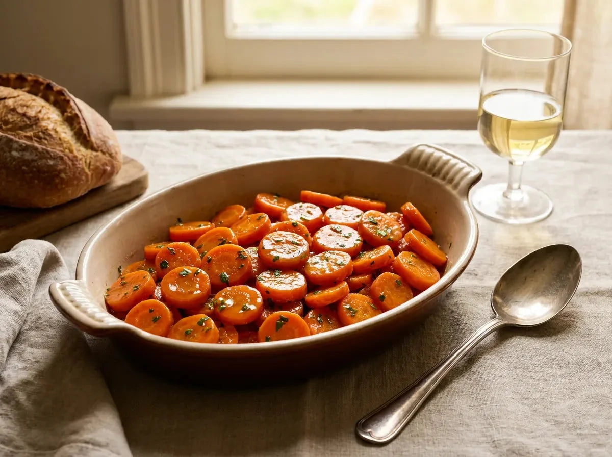 Carottes Vichy : rondelles de carotte glacées et brillantes au beurre, parsemées de persil ciselé, dans un plat de service