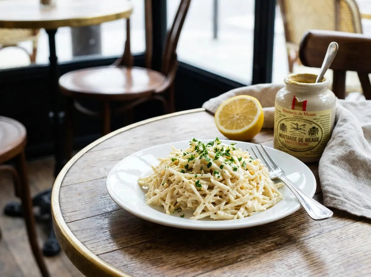 Céleri rémoulade maison : céleri-rave râpé enrobé de mayonnaise moutardée et parsemé de persil ciselé dans une assiette