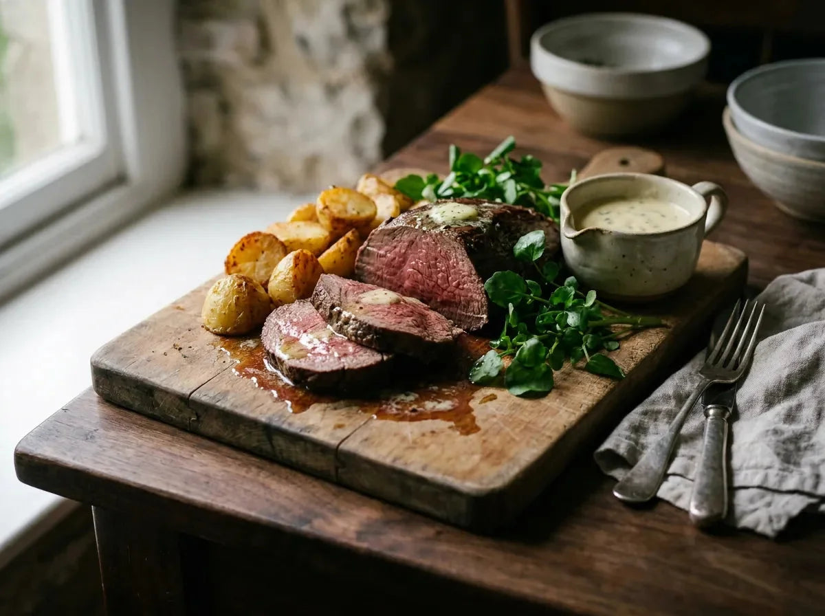 Châteaubriand tranché rosé sur une planche, béarnaise à l’estragon en saucière et pommes château dorées
