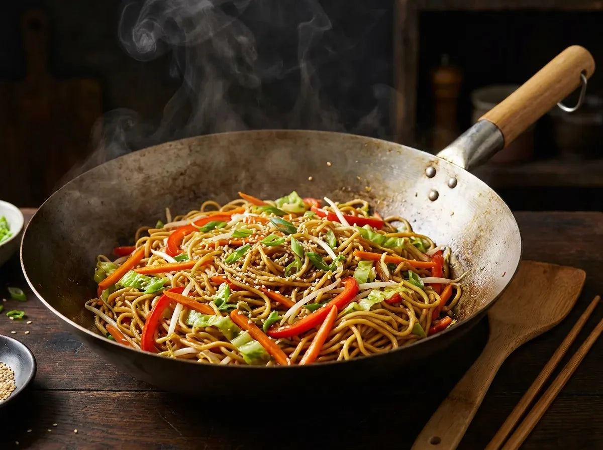 Chow mein aux légumes au wok : nouilles chinoises dorées mêlées de carotte, chou, poivron et pousses de soja, parsemées de sésame