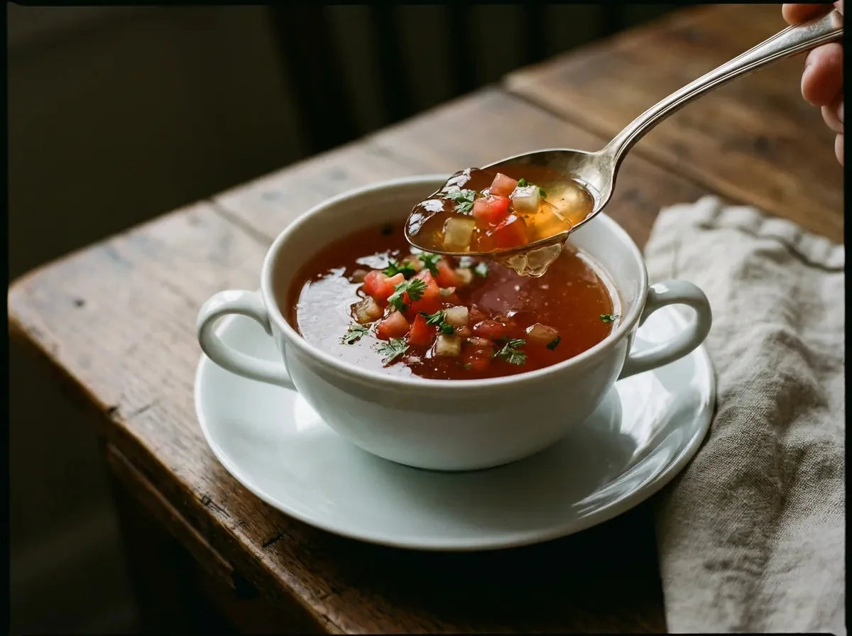 Consommé madrilène : consommé de tomate légèrement pris en gelée servi en tasse, dés de tomate et cerfeuil