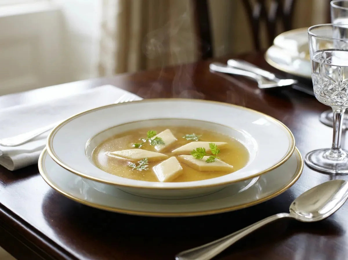 Consommé à la royale : bouillon limpide garni de petits losanges dorés de royale, ce flan pris au bain-marie, dans une assiette creuse