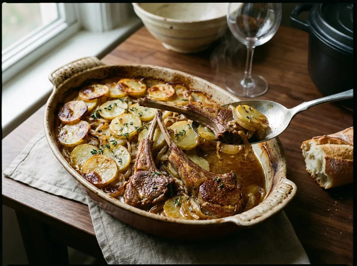 Côtelettes d’agneau braisées sur un lit de pommes de terre en rondelles et d’oignons dorés dans un plat