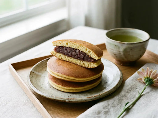 Dorayaki japonais coupés en deux : deux pancakes moelleux dorés garnis d’une épaisse couche de pâte de haricot rouge