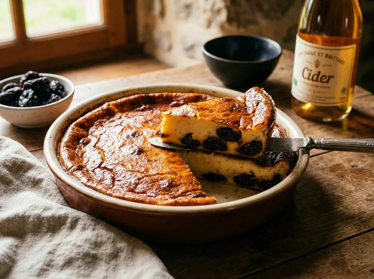 Far breton aux pruneaux dans son moule, flan épais et doré, part coupée montrant la texture dense et les pruneaux fondants