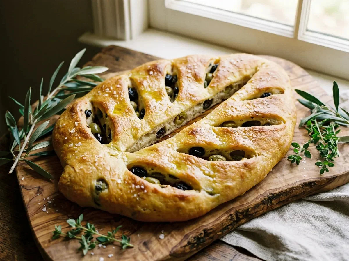 Fougasse provençale aux olives dorée, incisée en épi, mie moelleuse et olives noires et vertes, sur une planche en bois