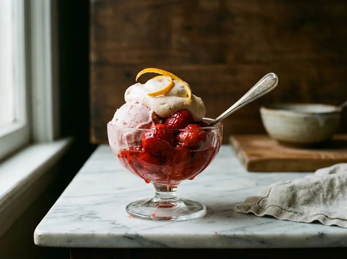 Fraises à la Sarah Bernhardt : fraises au curaçao sur glace fraise couronnées d'une mousse à l'orange dans une coupe
