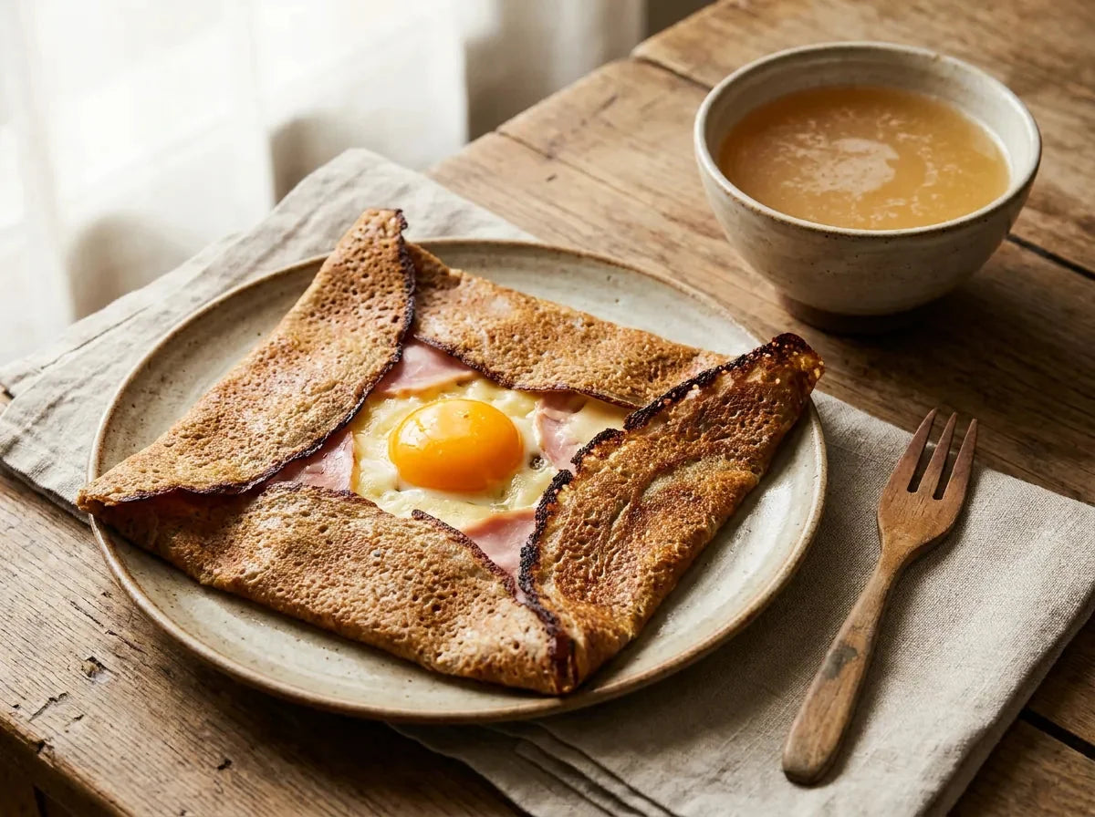 Galette bretonne complète au sarrasin repliée en carré, œuf au jaune coulant au centre, jambon et emmental fondu, bords croustillants