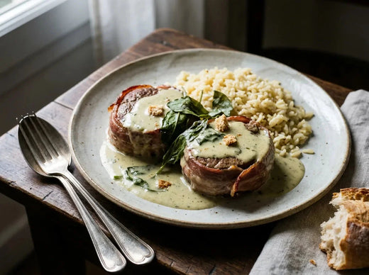 Grenadins de veau bardés et braisés, nappés d’une sauce crémée à l’oseille, avec un riz pilaf