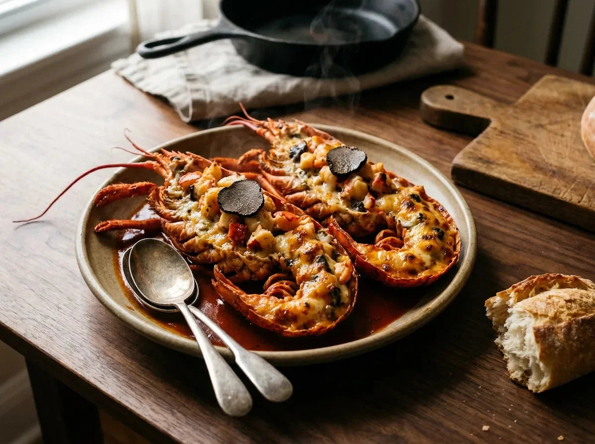 Homard à la cardinal : demi-carapaces garnies de salpicon de homard et truffe nappé d'une sauce rouge cardinal, gratinées