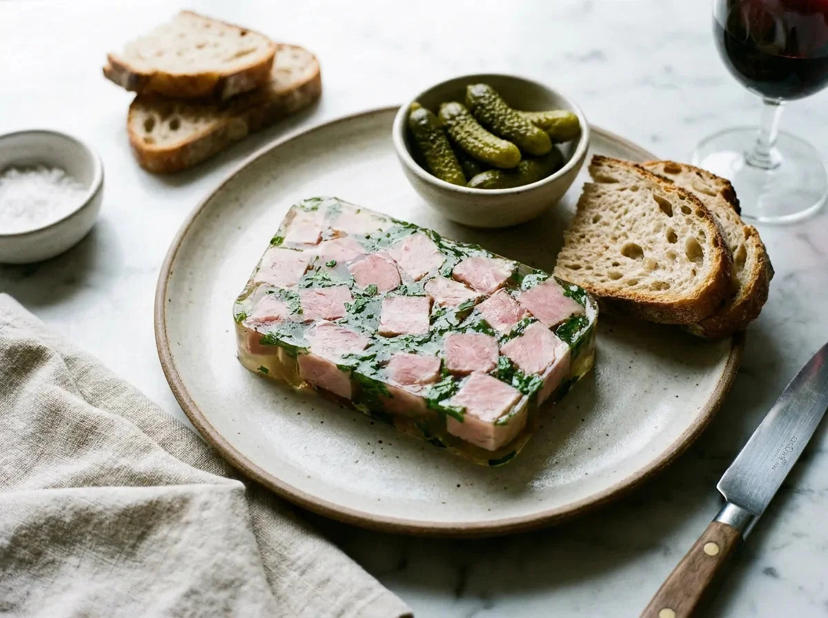 Tranche de jambon persillé de Bourgogne : gros morceaux de jambon rose pris dans une gelée claire parsemée de persil vif
