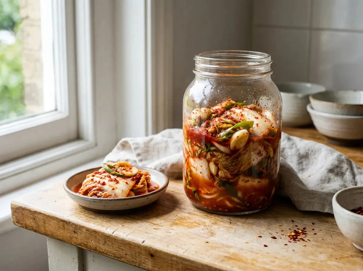 Kimchi maison dans un bocal en verre : chou chinois fermenté enrobé de pâte de piment rouge, ail et oignons nouveaux