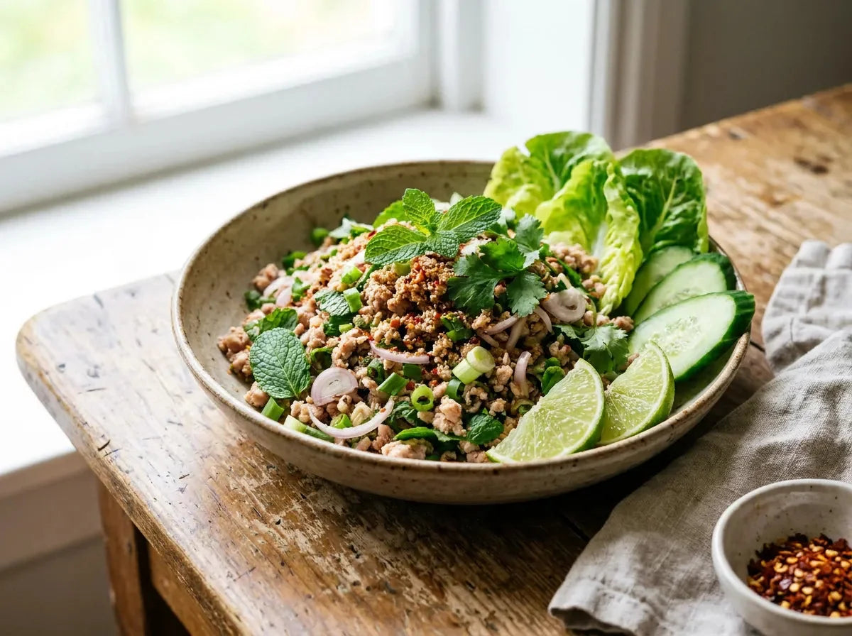 Larb thaï de porc haché dans un bol : viande émiettée, herbes fraîches, oignons nouveaux et riz grillé, servi avec laitue et concombre