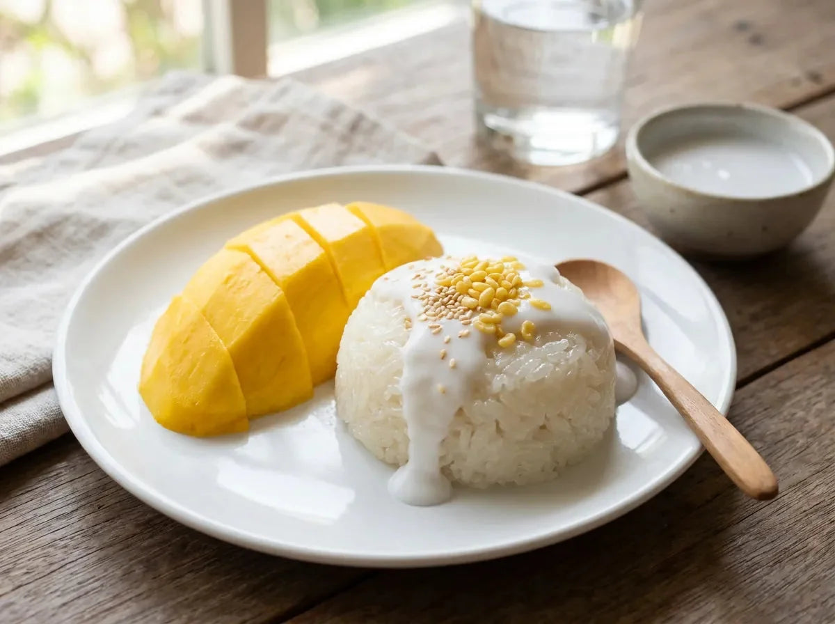 Mango sticky rice : dôme de riz gluant nappé de crème de coco, tranches de mangue mûre et graines de sésame grillées