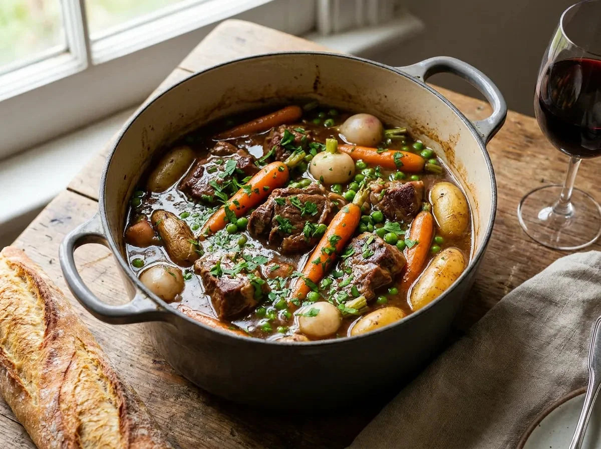 Navarin d'agneau printanier en cocotte : morceaux d'agneau fondants, carottes, navets, petits pois et pommes de terre grenaille dans une sauce brune