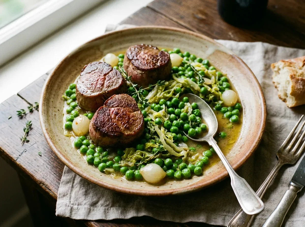 Noisettes d’agneau rosées dressées sur un lit de petits pois frais à la française avec laitue et petits oignons