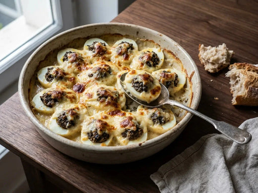 Œufs Chimay : demi-œufs durs farcis à la duxelles, nappés de sauce Mornay et gratinés dans un plat