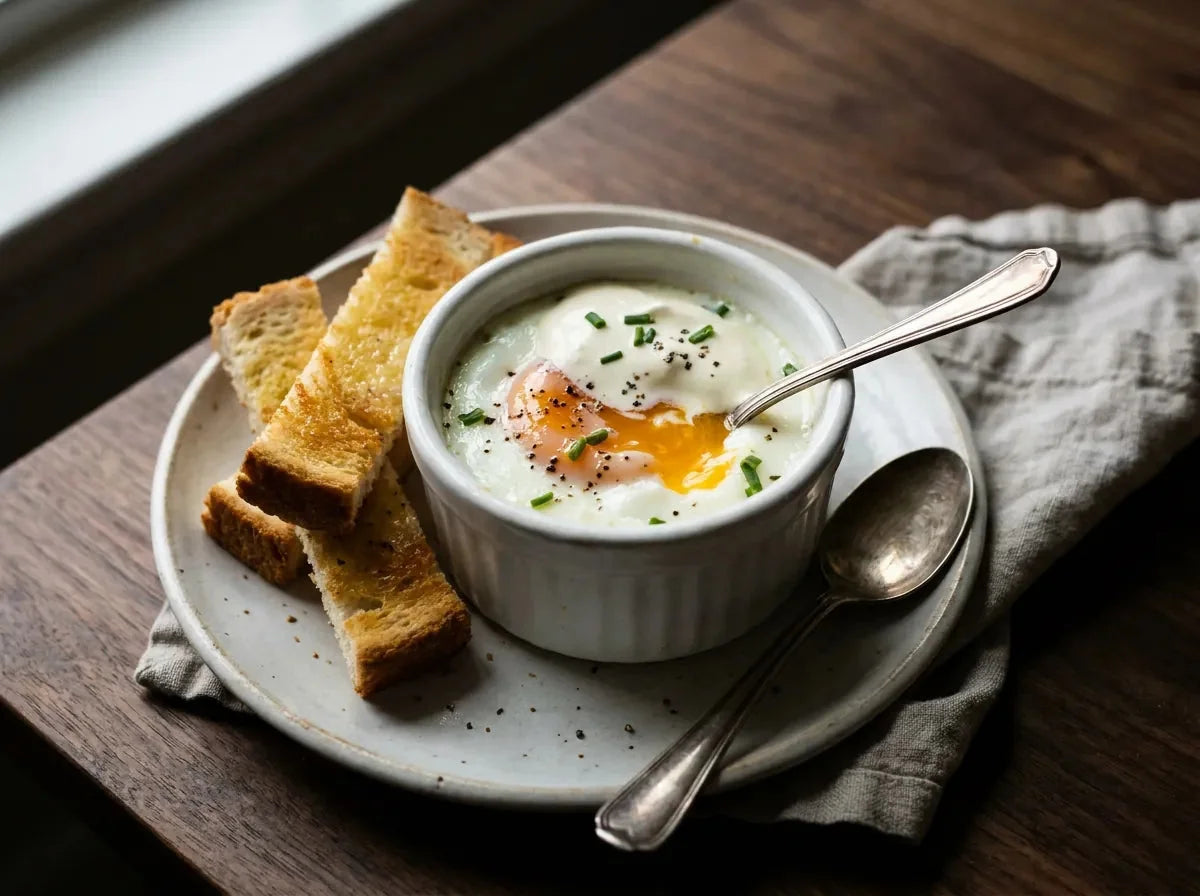 Œuf cocotte à la crème dans un ramequin, blanc pris et jaune coulant, avec des mouillettes de pain grillé