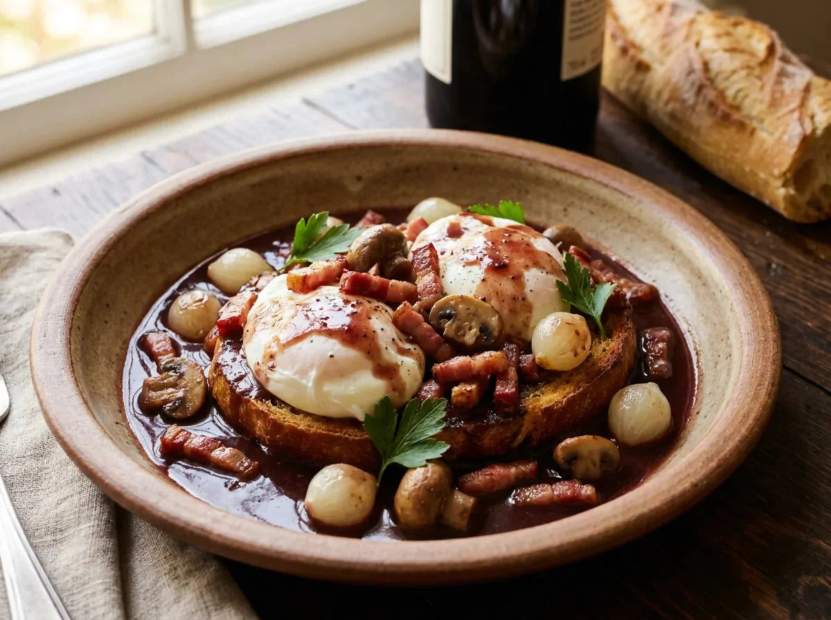 Œufs en meurette : œufs pochés nappés de sauce au vin rouge, lardons, champignons et oignons sur croûton aillé