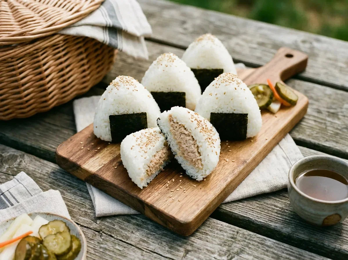 Onigiri : triangles de riz japonais ceints d’une bande de nori, garnis de thon-mayonnaise et de saumon, sur une planche en bois
