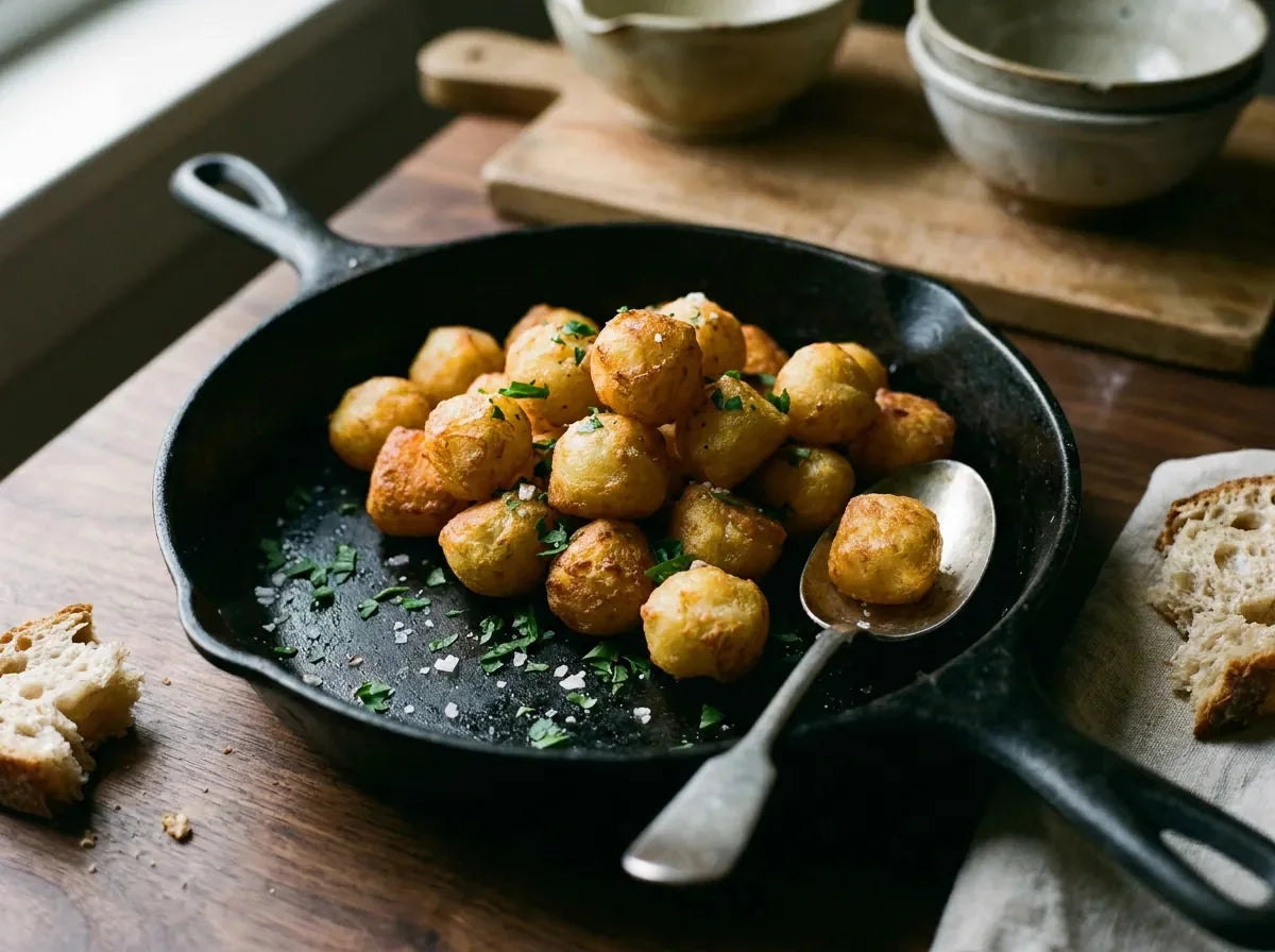 Pommes noisette dorées dans une poêle, petites billes de pomme de terre croustillantes parsemées de persil