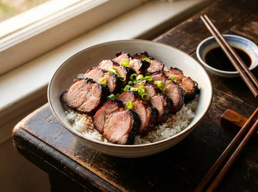 Porc char siu cantonais tranché, laque brillante et bords caramélisés, chair rosée, servi sur du riz vapeur avec cébette