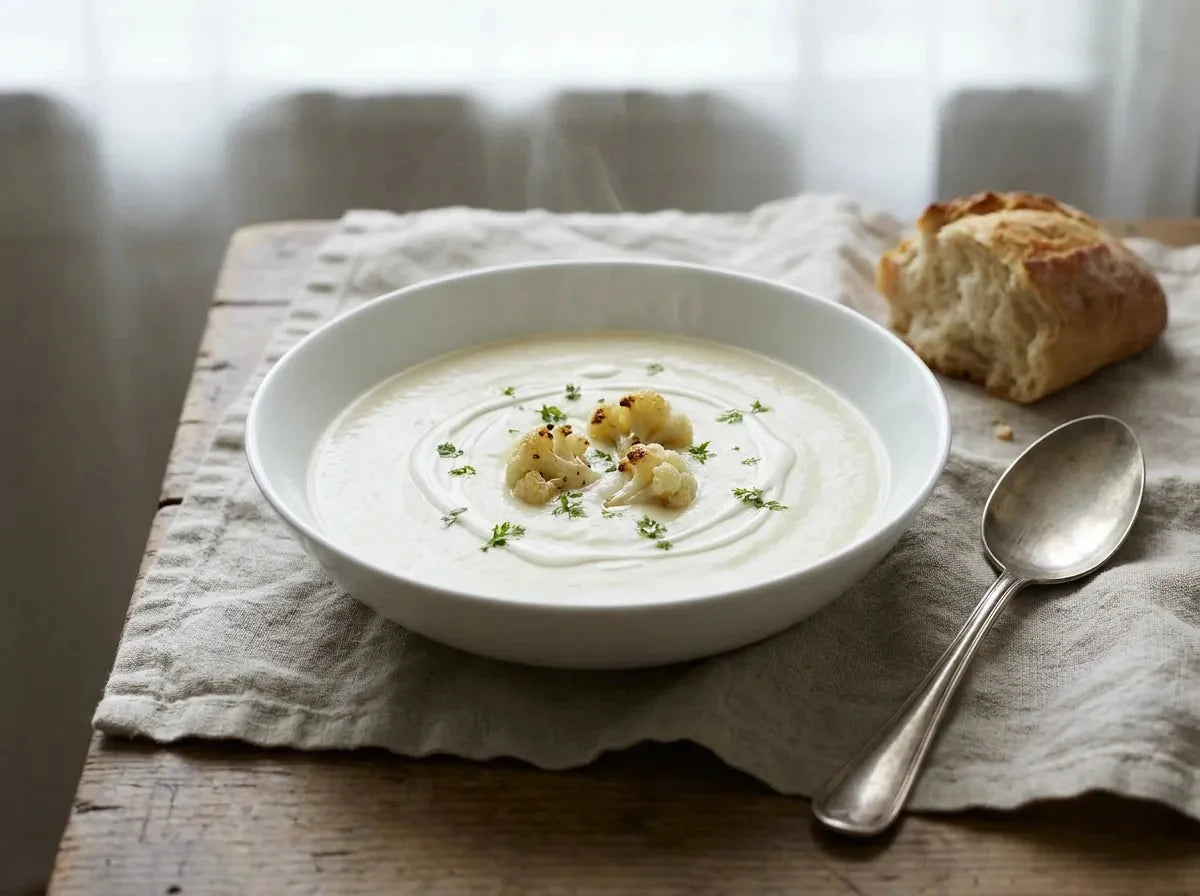 Potage Dubarry, velouté de chou-fleur blanc et crémeux dans un bol, petits bouquets de chou-fleur en garniture