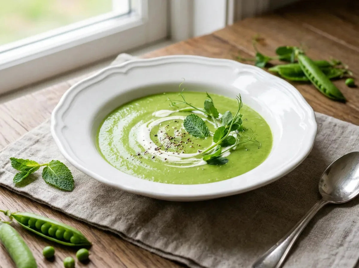 Potage Saint-Germain, velouté de pois vert tendre dans une assiette creuse, filet de crème et feuilles de menthe