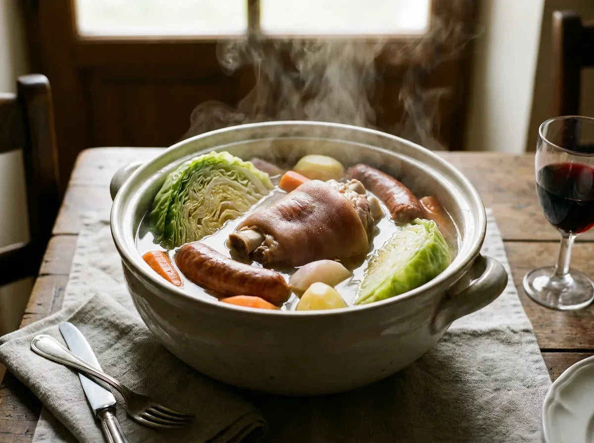 Potée auvergnate servie dans un plat : chou, jarret, saucisse et légumes racines mijotés dans leur bouillon